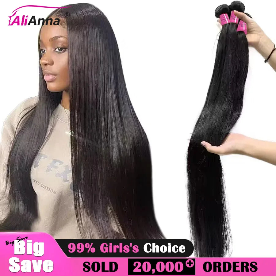 ALIANNA 26Inch Human Hair Bundles 10A Brazilian Raw Hair Weave Bundles 30 38 40 Inch Straight Human Hair Bundles Hair Extensions