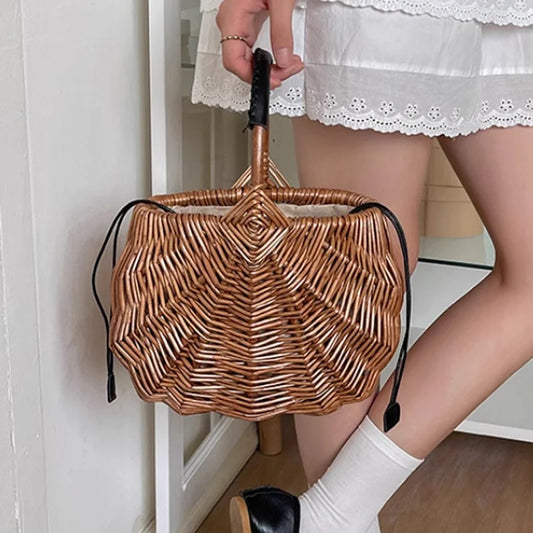 New Hand Sewn Leather Handle Rattan Woven Women's Bag Fashion Basket Oval Straw Woven Handbag Retro Bucket Bag